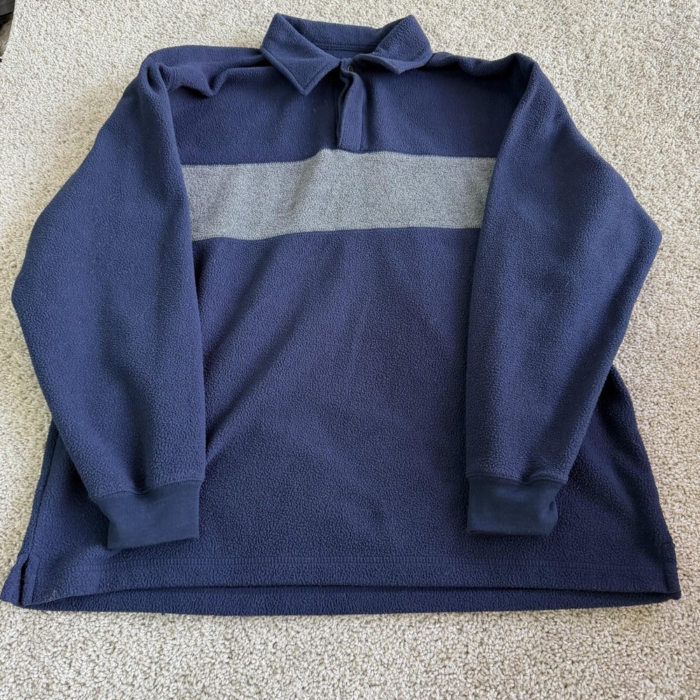 Y2K St Johns Bay Sweatshirt Mens Large Navy Blue Fleece Collared Pullover Stripe